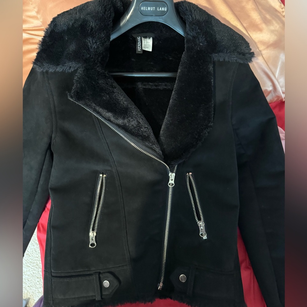 H&M Black Shearling Jacket with Zippers